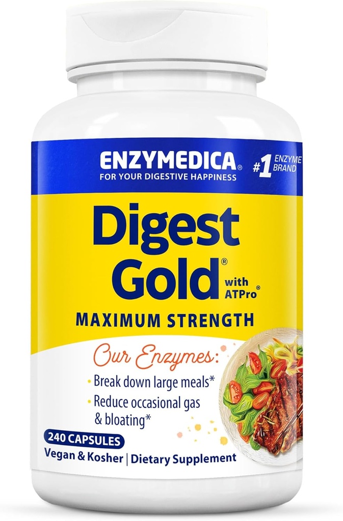 Enzymedica Digest Gold + ATPro, Maximale Stärke, Fast-Acting, hilft Digest große Mahlzeiten, verhindert Bloating und Gas, 240 Count (FFP)