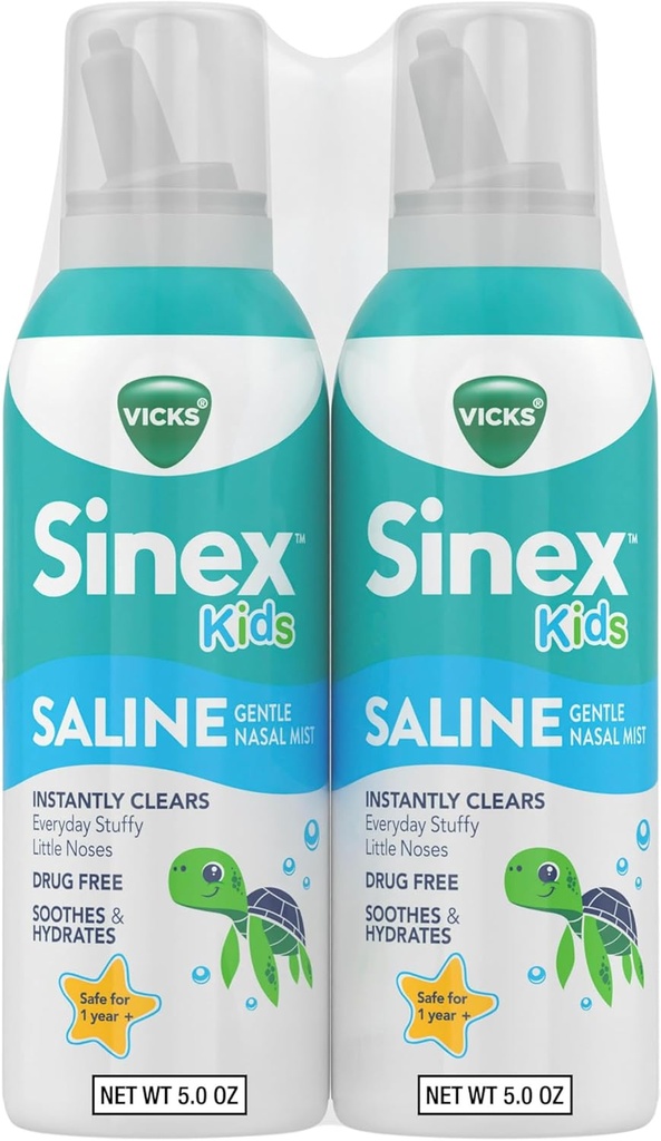 Vicks Sinex, Saline Nasal Svan, ma túy tự do super Fine Mist với tổ hợp Aloe, thời đại 1+, thời gian gấp đôi hàng ngày cho trẻ em, Clear Mucus from a Cold or Allergy, 5 OZ x 2