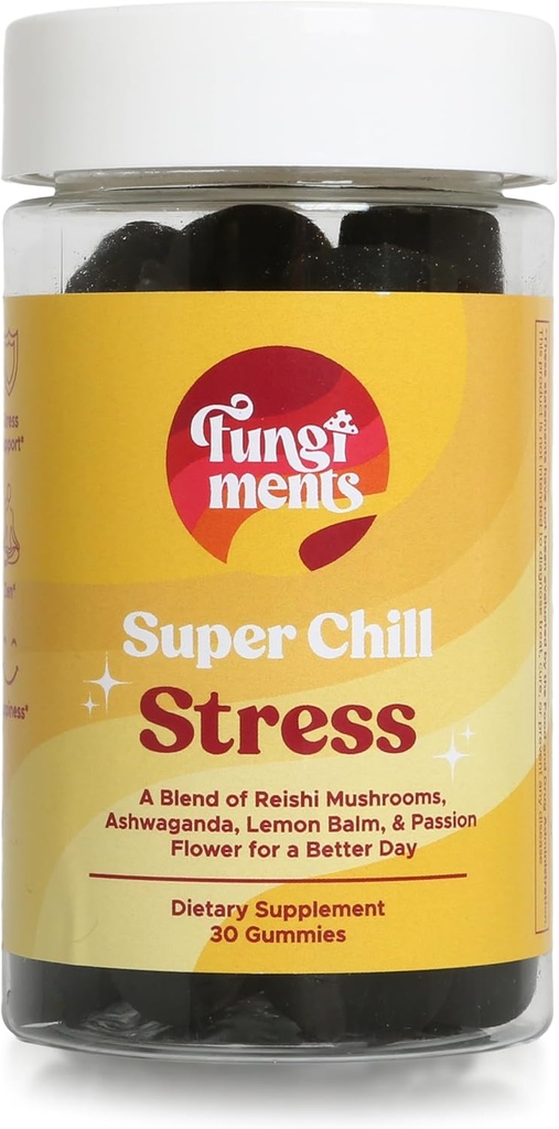 Fungiments Super Chill - Mushroom Supplement - Reishi Mushroom, Ashwagandha, Cortizol, L-Theanine, Passion Flower - Less Stress and Better Sleep (30 Mushroom Gummies)