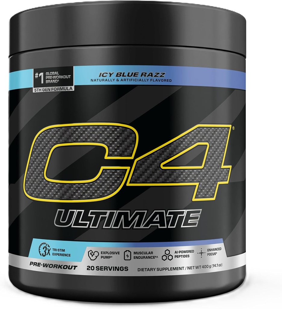 Cellucor C4 Ultimate Pre Workout Powder ICY Blue Razz - Sugar Free Preworkout Energy Supplement for Men & Women - 300mg cafeína + 3.2g Beta Alanina + 2 Creatinas patentadas - 20 servizos