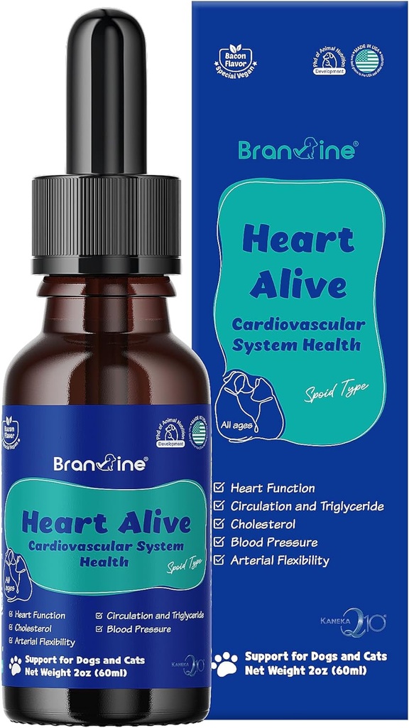 Heart Alive Liquid Cardiovascular System Health for Dogs and Cats-Norwegian Fish Oil, Coenzyme Q10, ויטמין K2, Policosanol, הותרן ברי פלט, טבעוני בייקון פלמור (60 מ"ל)