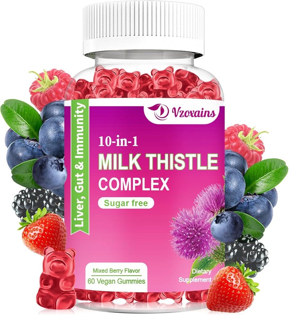 Milk Thistle Gummies, 10-in-1 Kruidenformule voor leverreiniging Detox & Reparatie met Dandelion Root, Kurkuma, Artichoke - Optimale leverfunctie en spijsvertering gezondheid - gemengde Berry smaak