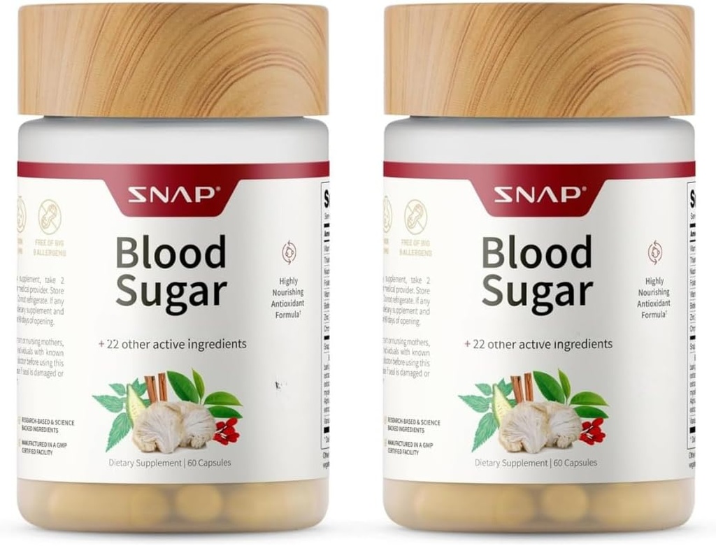 Snap Suplementos Blood Sugar Blend, CoQ10, Canela, Ácido Alfa Lipoico e Ginema, Açúcar Grátis, 60 Cápsulas, 2 Embalagem