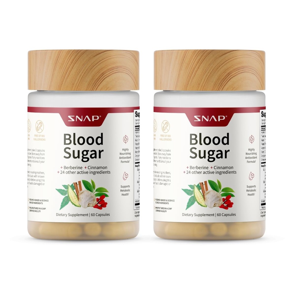 Snap Supplements Blood Sugar Blend with Berberine, CoQ10, Cinnamon, and Gymnema to Support Already Healthy Blood Sugar, Metabolic Health and Energy, Sugar Free, 60 Capsules 2-Pack (Packaging May Vary)