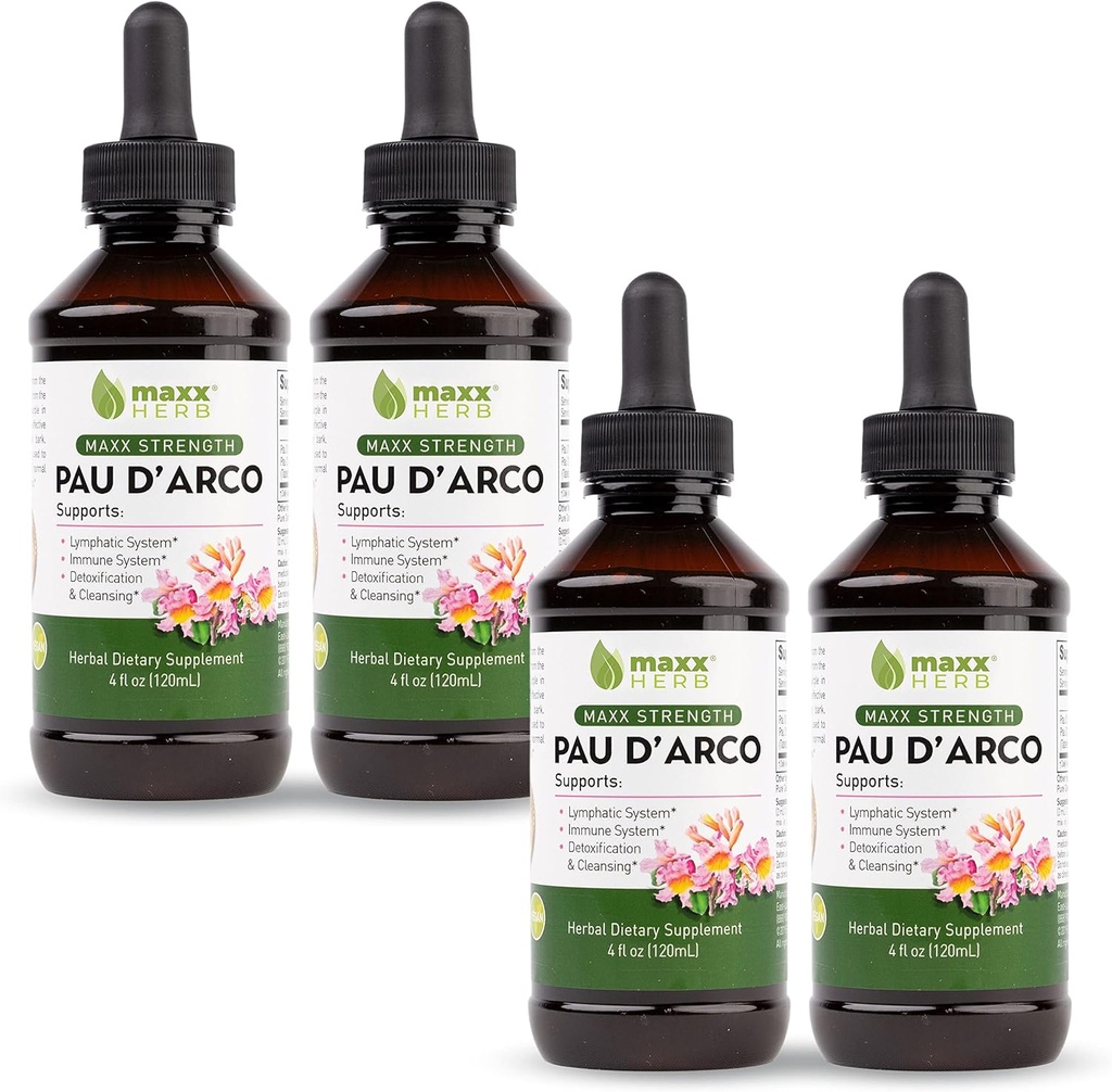 Maxx Herb PAU D 'Arco Tincture - Max Siła PAU Darco Extract for Immune Support, Taheebo Tea Inner Bark Absorbs Better Than PAU Darco Capsules - 4 Butelki, 4 Oz Each (240 Servings)
