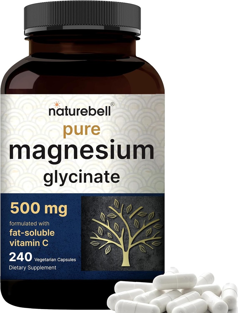 Pure Magnesium Glycinate 500mg with Fat Soluble Vitamin C, 240 Veggie Capsules | supplement for sleep, Heart & Muscle Support* — 100% Chelated " Purified – 3rd Party Tested, Vegan Friendly, Non-GMO
