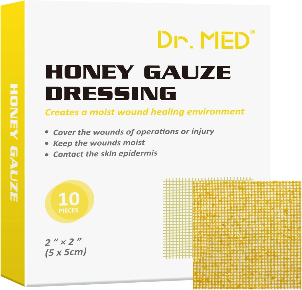 Med Honey Gauze Dressing博士, 2"×2"(10 PCS/Box) 蜂蜜带伤护理补丁,用于轻度Abrasions, Cuts, Lacerations, Scald and Burns 治疗伤者、化学和药物无伤者
