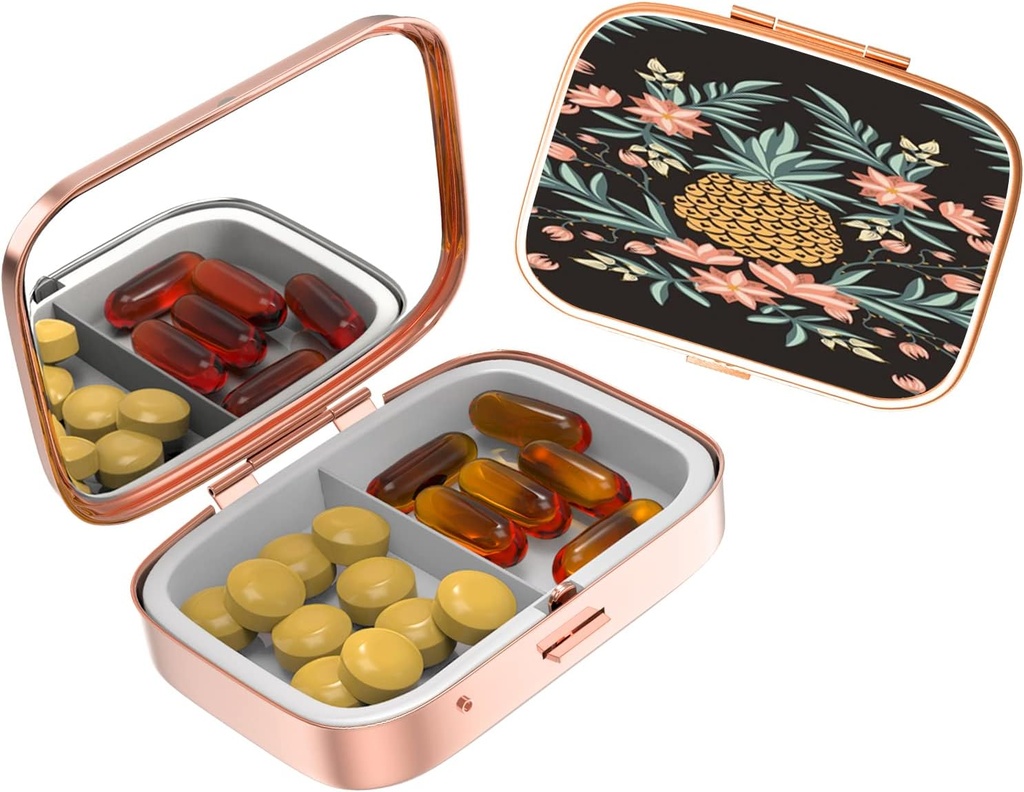 Bo caso de pílula pequena para petos e pursas, caixa pílula elegante fai un gran agasallo, 2 comparación de Travel Medicine Organizer Stores Progesterone, pílulas cápsulas, Ibuprofeno, Vitaminas-Rose Gold2