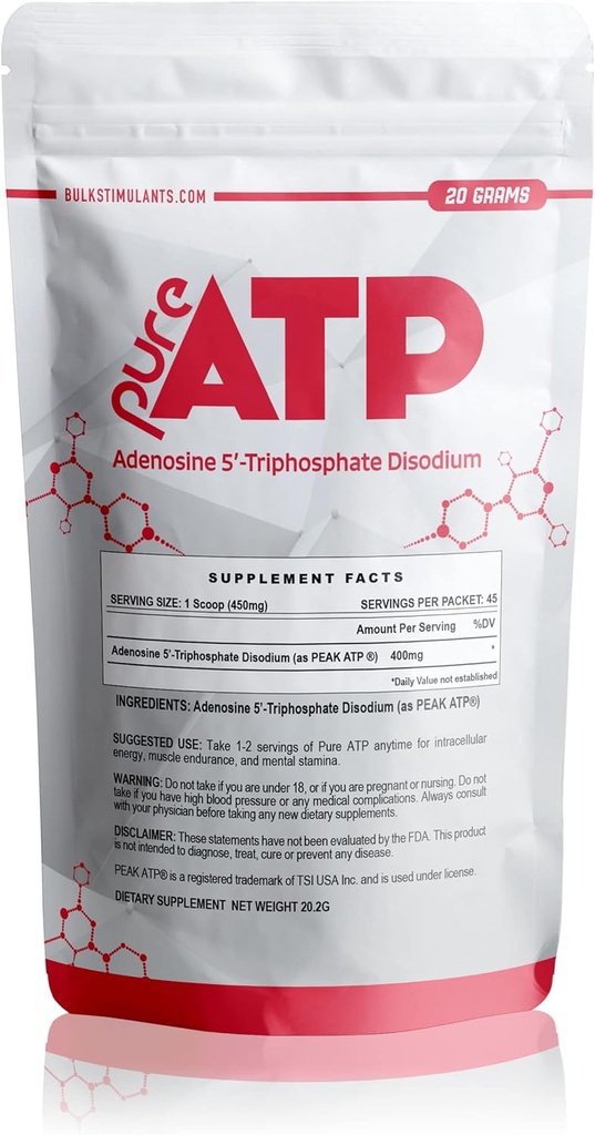 BulkStimulants Pure ATP Adenosine Triфосфат порошок - Підвищена енергія, витривалість, міцність, відновлення та м'язовий насос, Швидший Than Creatine HMB & Nitric Оксид, Природний до тренування добавки - 20 Grams