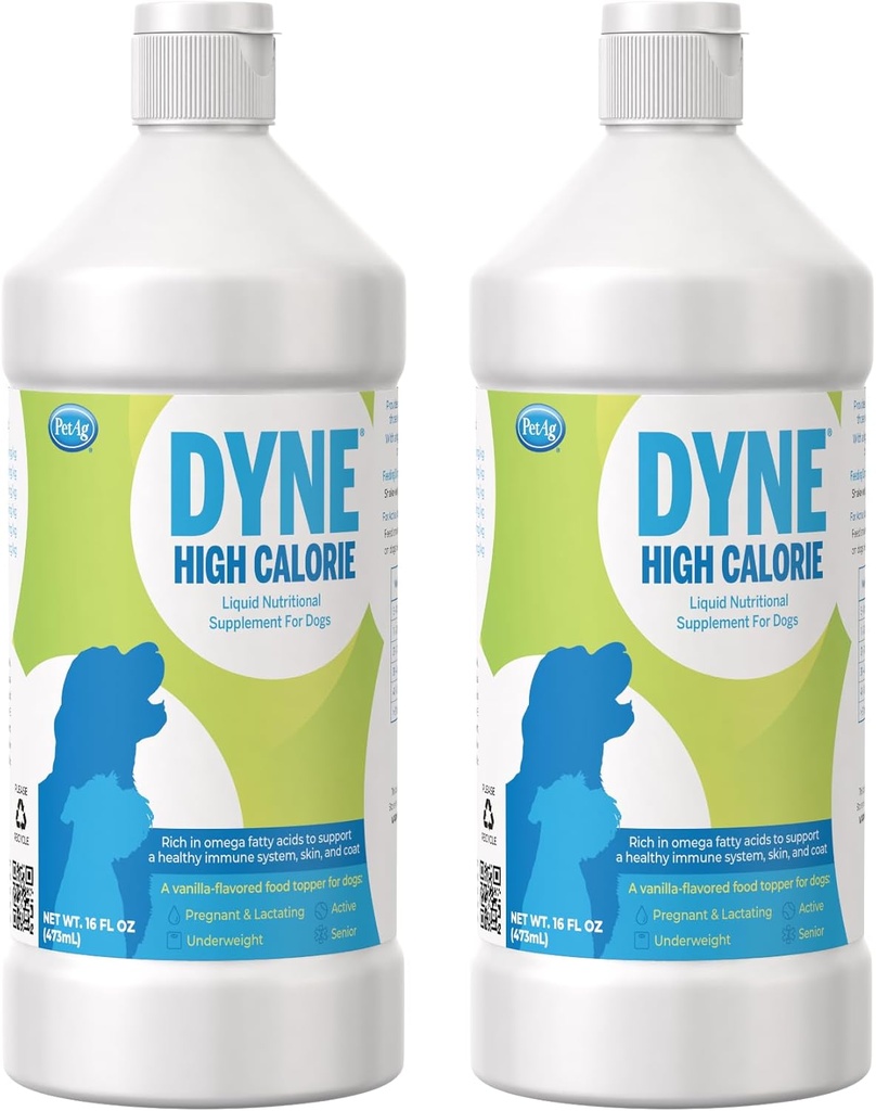 PetAg Dyne High Calorie Lichid Supliment nutritional pentru câini și căței 8 săptămâni și mai în vârstă - 16 oz, Pachet de 2 - Suporturi Performanță și perseverență - Aroma de vanilie dulce