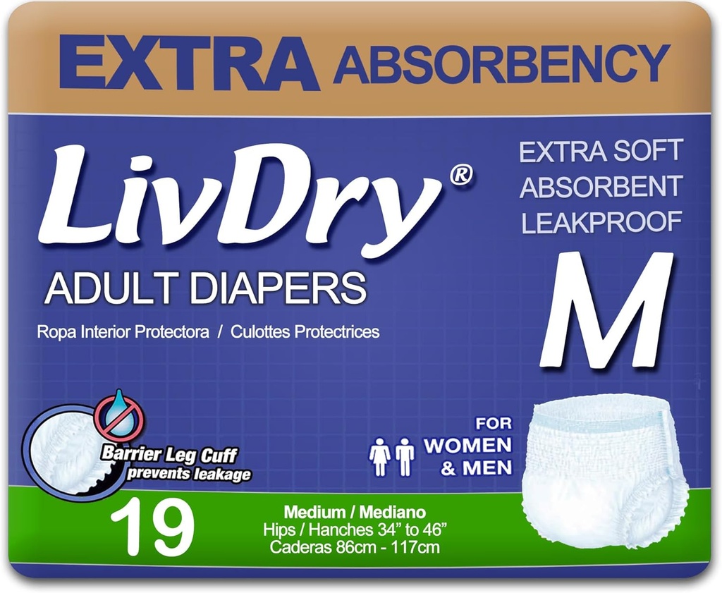 Sous-vêtements d'incontinence pour adultes LivDry, couches pour adultes, protection contre les fuites, moyenne, 19 paquets