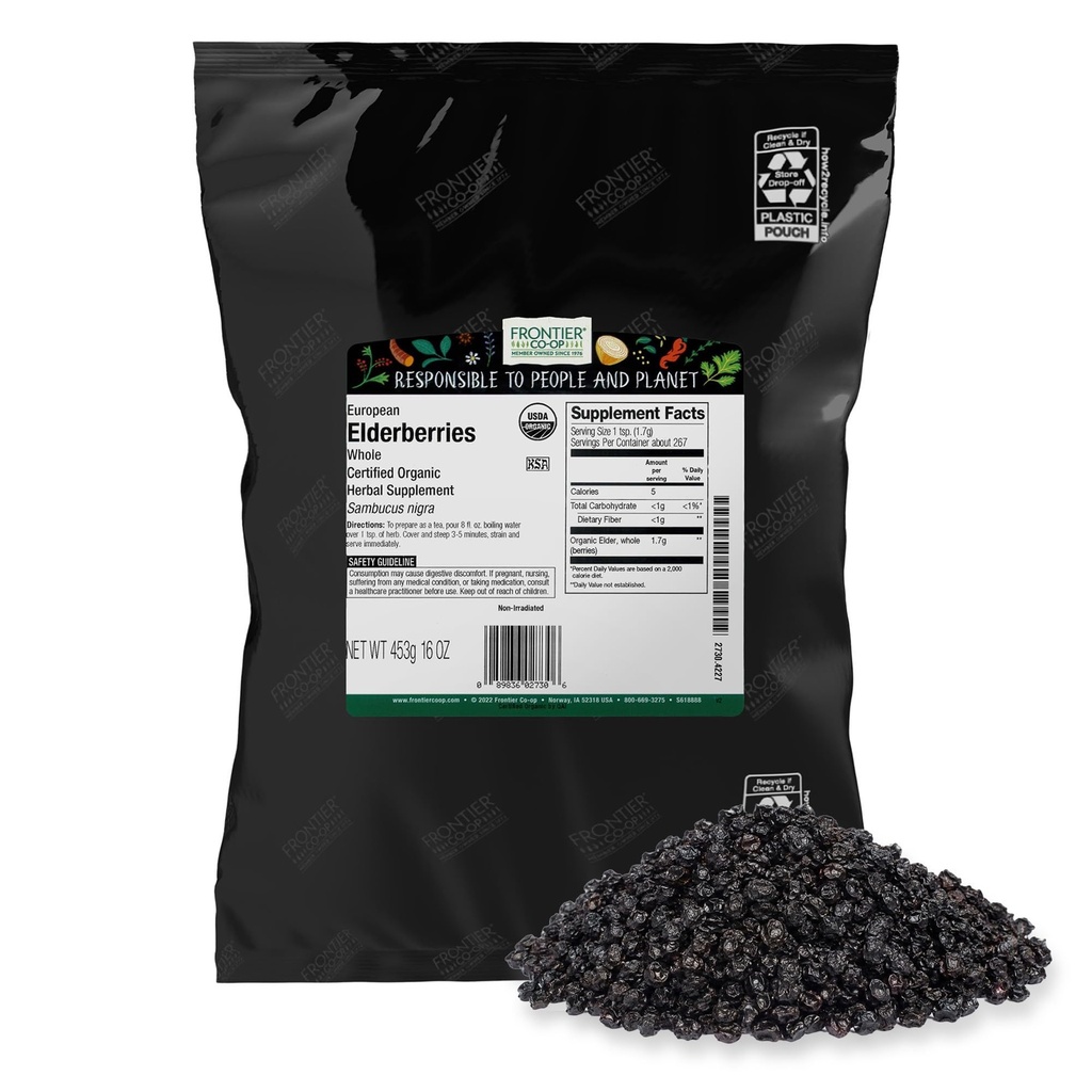 Frontier Co-op Organic Whole European Elderberries, 16oz | Dried Elderberries for Tea, Syrups, Jams & Immune Support, Kosher, Non-GMO, Bulk Herb