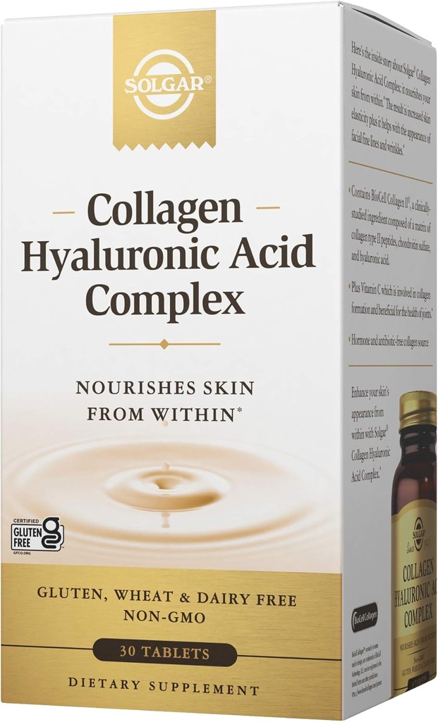 Solgar Collagen Hyaluronic Acid Complex, 30 Tablets - Hydrolyzed Collagen Type 2 - Помага при изтънчени линии и бръчки - Подсилва кожната колаген и еластичност - Non-GMO, Gluten & Dairy Free - 30 Сервиз
