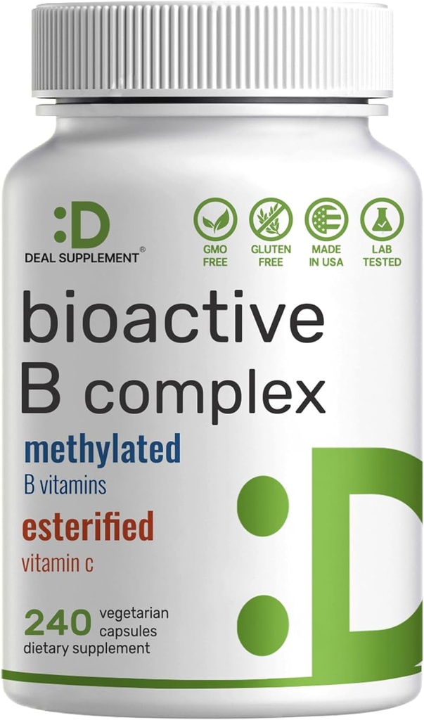 Bioactive Vitamin B Complex for Men & Women, 240 Veggie Capsules - Methylated B Complex & Esterified Vitamin C – High Potency & Easy Absorption – Immune, Energy & Metabolism Supplement – Non-GMO