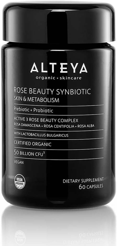 Alteya Organics Beauty Prebiotics + Probiotics and Rose Extracts, Skin Beauty from Within Supplement, 50 Billion CFU & Lactobacillus Bulgaricus para rostro e metabolismo - 60 cápsulas