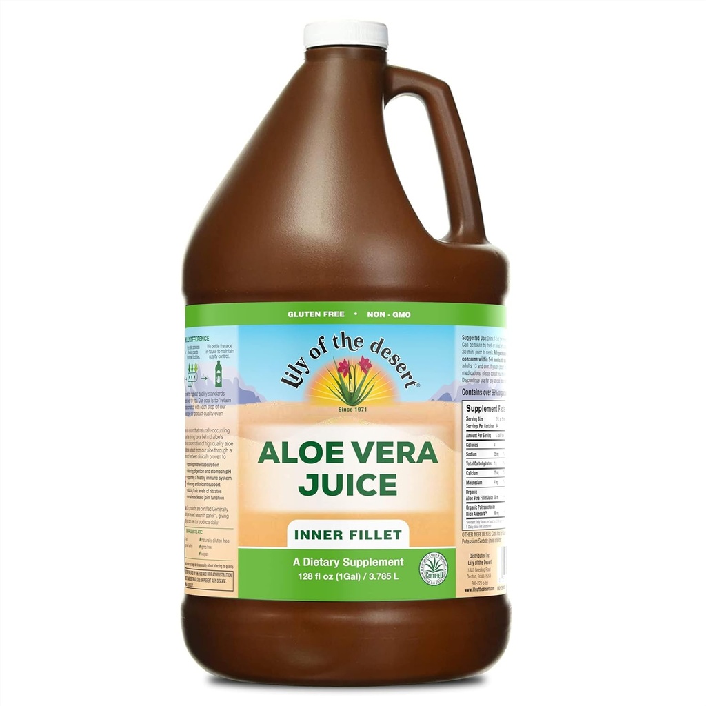 Lily of the Desert Aloe Vera Juice - Inner Fillet Aloe Vera Drink, Organic Aloe Juice with Natural Vitamīnus, Gremošanas enzīmi Gut Health, Atvieglojumi kuņģī, labsajūta, Glowing Skin, 128 Fl Oz