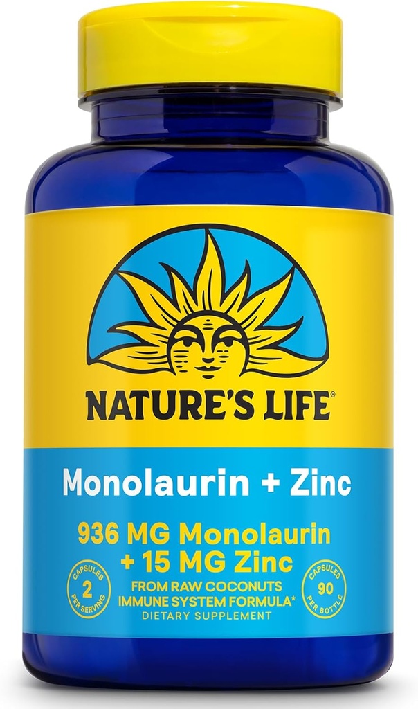 Nature's Life Monolaurin Plus sink Immune Support Supplement - Raw Coconuts 936mg Monolaurin, Çinko 15mg, Supports Gut Health, Balanced Gut Flora, 60-Day Garanti, 45 Serv, 90 Vegetarian Capsules