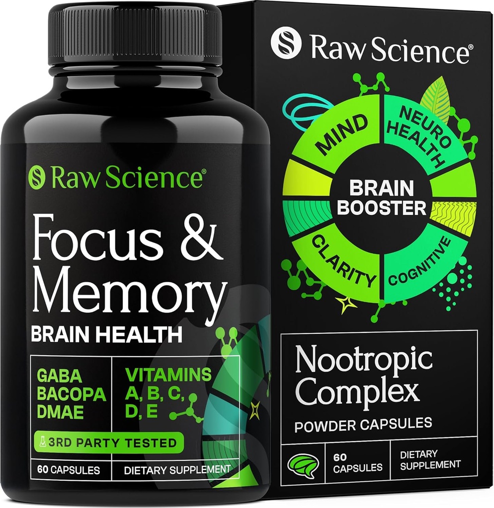Suplemen Otak Nootropics untuk Memory & Focus dengan Huperzine A, Phoshatidyserine, DMAE - Brain Health Support: GABA, Choline, DHA, Bacopa Monnieri, Supplemen Memori untuk Dukungan Otak, 60 Capsules