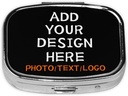 Custom Square Pill Box con Mirror Personalizado Foto Logo Nome de viaxe Pequena pílula Caso 2 Comparto Personalizado Portable Metal Medicine Container Vitamina Organizador para Pocket Purse
