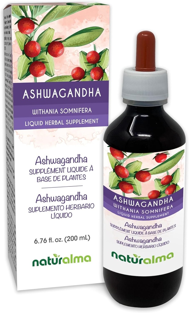 Naturalma Ashwagandha (Withania somnifera) Root Alkoholio - Free Tincture - 6.76 fl oz Skystas ekstraktas lašuose - Žolinių priedas - Veganas