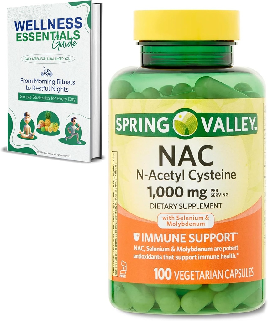 NAC Supplement N-Acetyl Cysteine | 1000mg, 100 Count | Apoio inmune, cápsulas vexetarianas | Gluten-Free, Soy libre, lactosa libre | con Selenium e Molybdenum