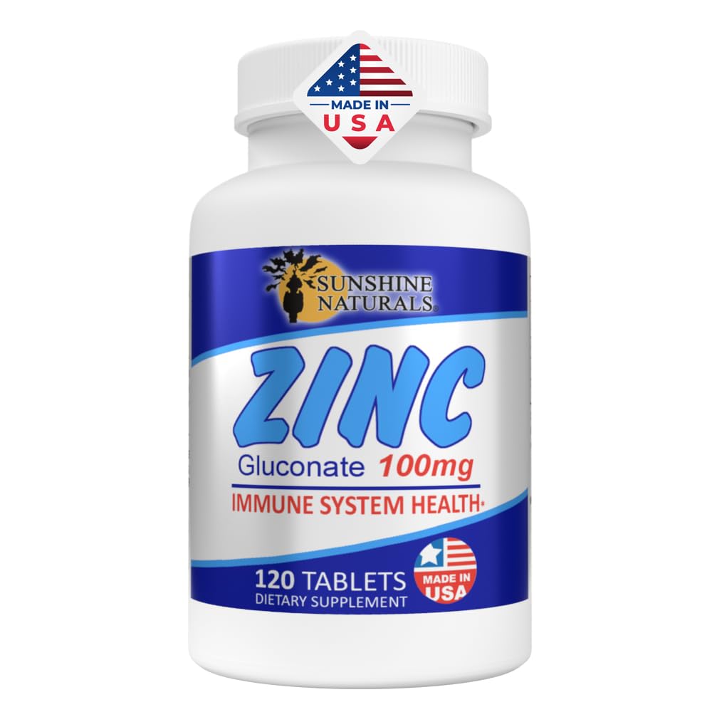 Sunshine Naturals Zinc Gluconate Mineral Supplement – Supports Immune System, Promotes Wound Healing, Improves Skin Health, Provides Antioxidant Defense – 100mg, 120 Tablets, High Potency
