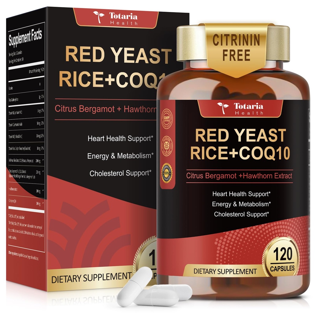 Totaria Red Yeast Rice 2,000mg with CoQ10 Supplement - Advanced Healthy Heart & Healthy Cholesterol Levels - Citrinin Free Extract Red Yeast Rice Capsules Plus Citrus Bergamot - Vegan, Non-GMO