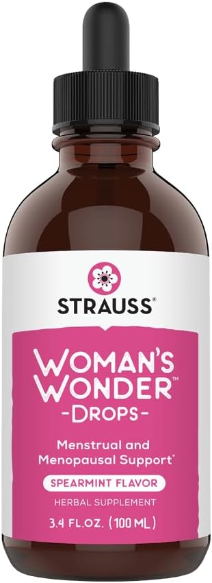 Strauss Heartdrops Woman's Wonder Drops; Menstrual & Menopausal Support Supplement in Spearmint Flavour, Natural Formula, Gluten-Free, Soy-Free, Non-GMO, 3.4oz Botila