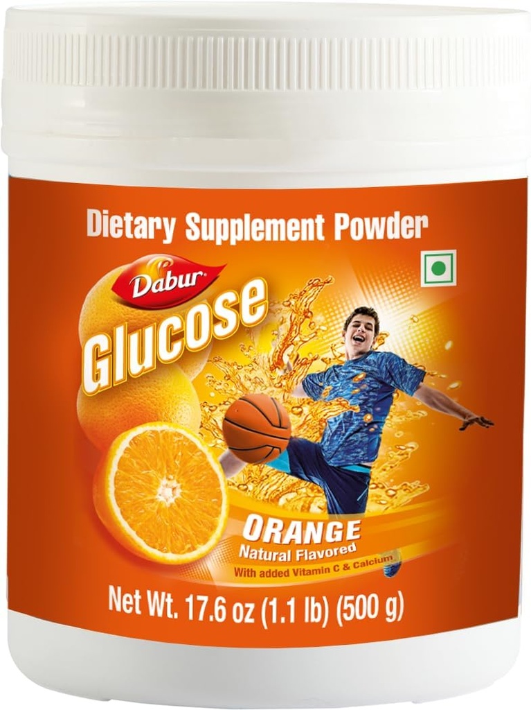 Glucosio Dabur - Polvere di glucosio - Fortificata con vitamina D e calcio - Un'arancia saporita - 500 grammi