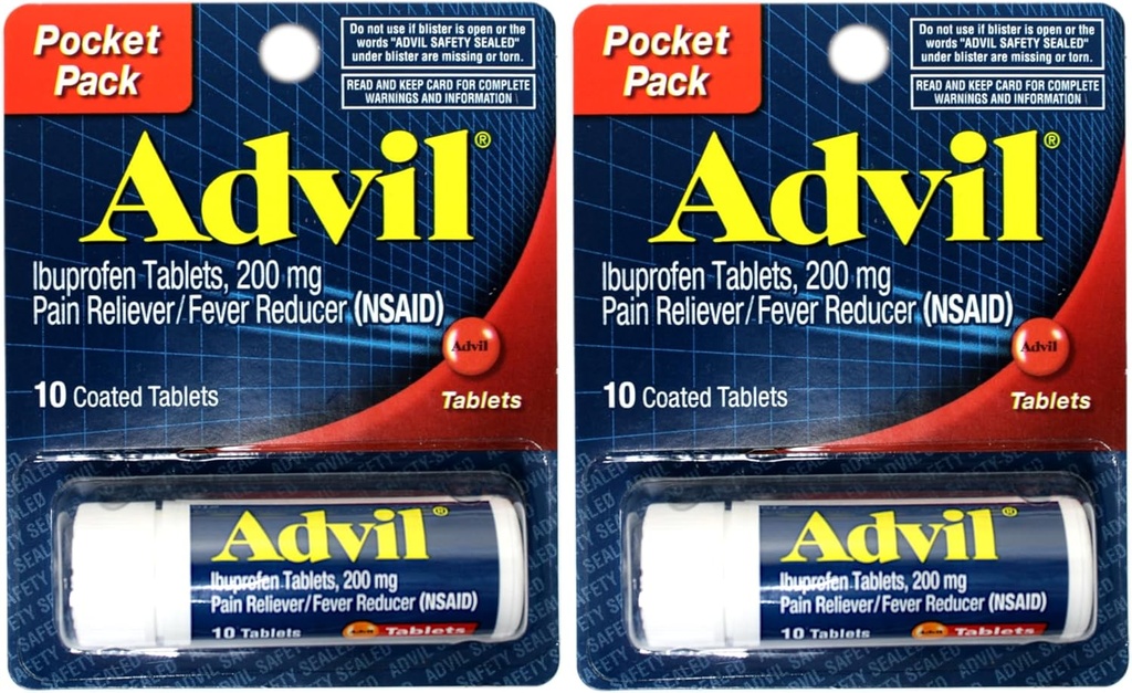 2 Пакет кишенькових пакетів Advil Pain Reliever / Fever редуктор Ibuprofen 200mg - 10 покриттям таблетки PER Pack (20 Таблетки Всього)