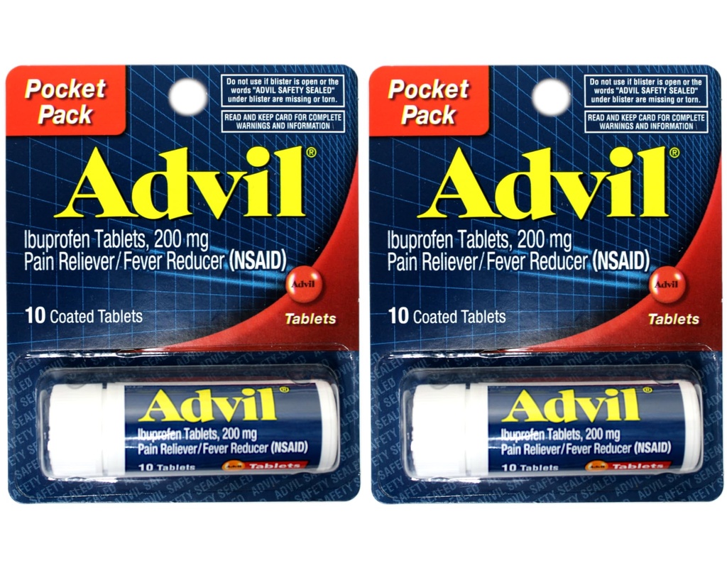 2 Pack of Pocket Pack Advil Pain Reliever / Fever Reducer Ibuprofen 200mg - 10 Coated Tablets PER Pack (20 Tablets Total)