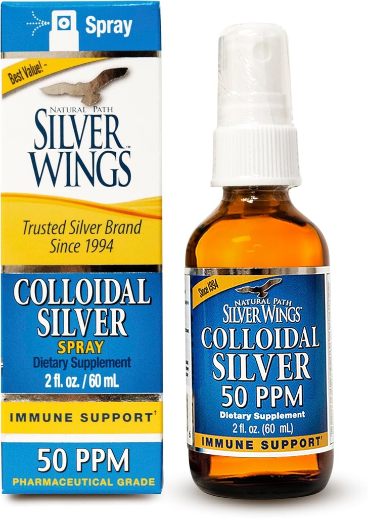 Natural Path Silver Wings Coluctive Silver Liquid - Daily Имунна поддръжка Допълнение - 50ppm (250mcg) - 2oz Спрей