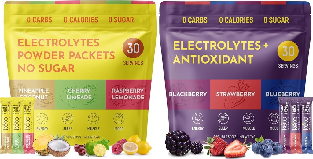 Keto Vitals Tropical & Berry Assorted 2 Pack Bundle Electrolyte Powder Bundle: Тропически и Бери Асорти Аромати - Sugar-Free & Zero Calory Electrolyte Drink Mix Packets, 60 Servings