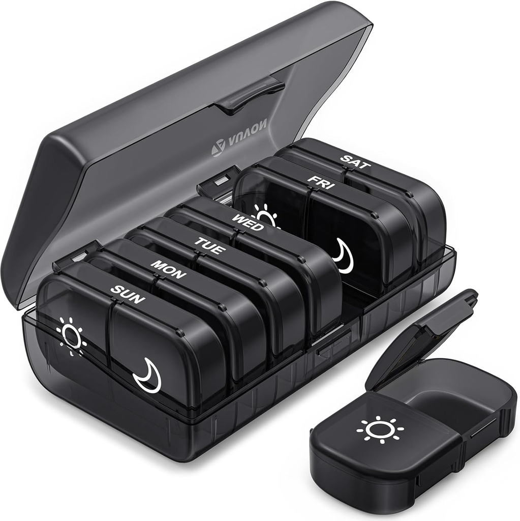 AUVON XL Weekly Pill Organizador 2 veces ao día, Pill Box 7 día con aperturas One-Side grandes para fácil de usar, protección de privacidade negra AM caso pílula PM para medicamentos, vitaminas, aceites de peixe, suplementos