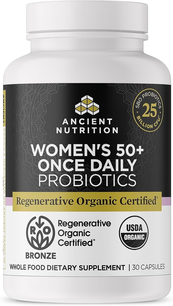 여성 50 +, Probiotics Women 's 50 +에 대한 고대 영양 재생 유기 인증 프로바이오틱스 매일, 건강한 소화 및 면역 시스템 지원, 봉사 당 25 억 CFUs *, 30 카운트