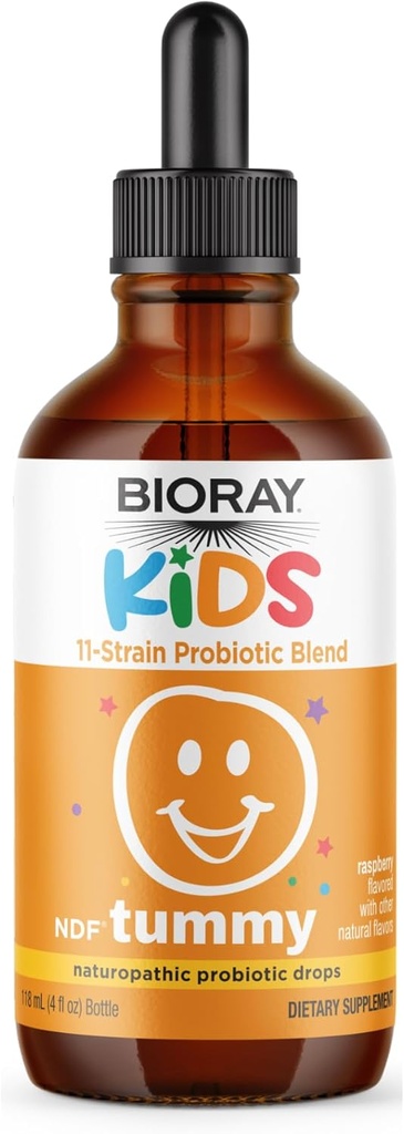 BIORAY Kids NDF Tummy, Raspberry - 4 fl oz (120 mL) - 11-Strain Probiotic Blend - GI Tract - Non-GMO, Vegan, Gluten Free - 약의 면역 반응을 지원합니다. 120 인