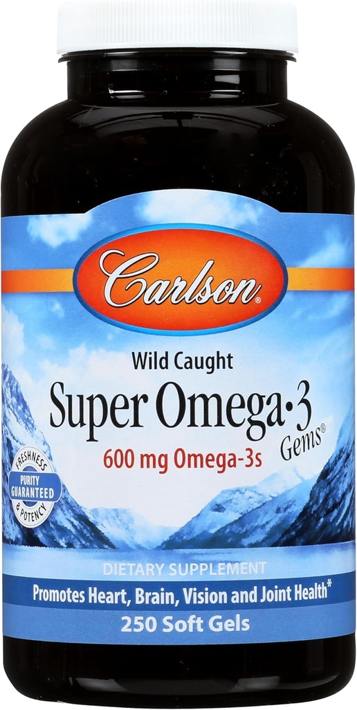 Carlson - Super Omega-3 Gems, 1200 mg Omega-3s, Wild Caught, Sustentável Fonte, 250 géis macios