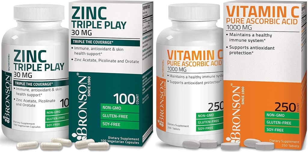 Bronson Vitamin C 1000 mg Premium Qeyri-GMO Askorbik Acid + Bronson sink Triple Play 30 mg Triple Coverage Immune Kombinasiya