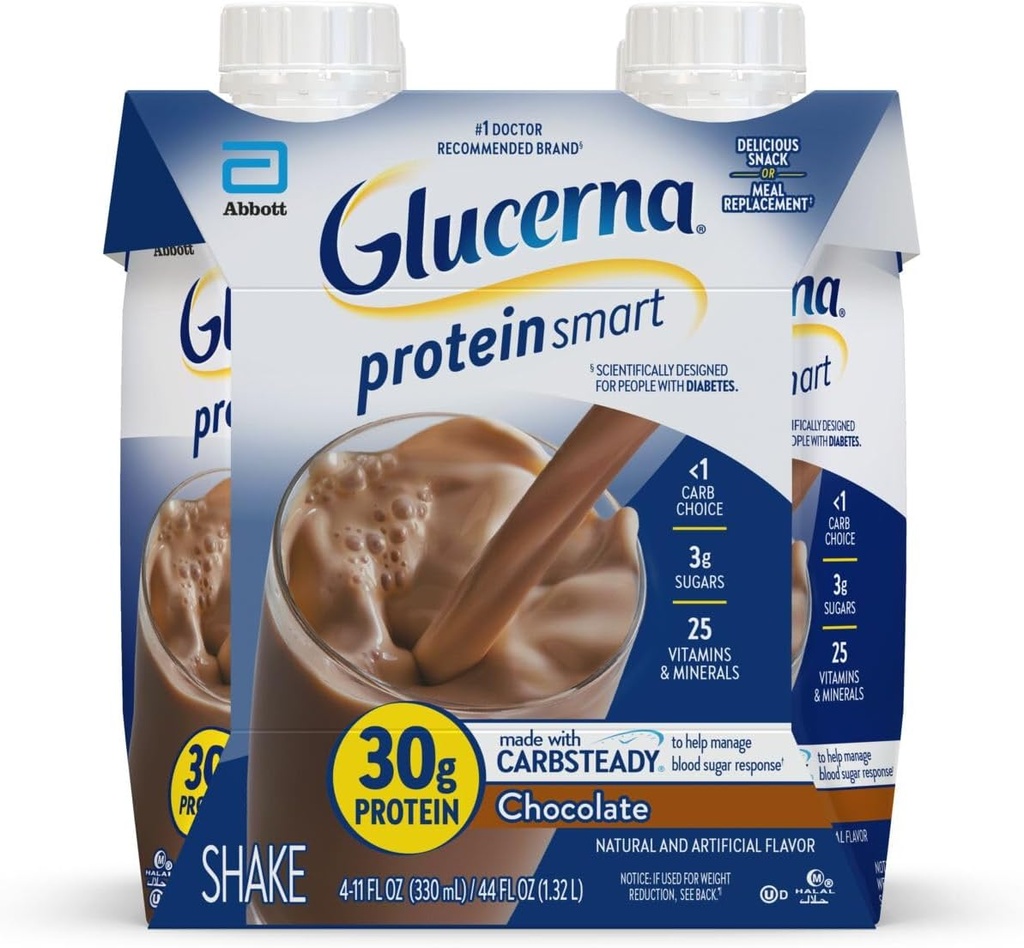 Glucerna Proteína Smart Diabetes Care Shake, Chocolate, Diabetic Meal Replacement to Support Blood Sugar Management, 30g Protein, 150 calorías, Ready to Drink, 11-fl-oz Bottle, 4 Pack