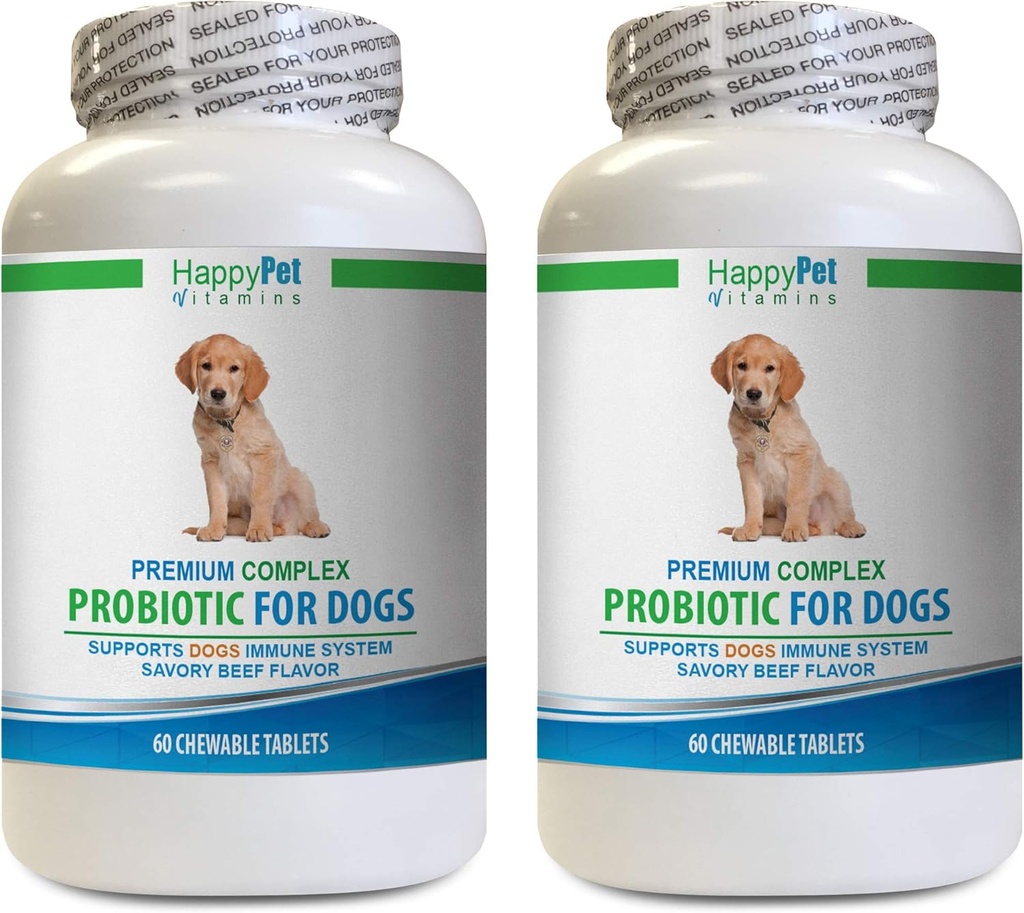 Probiótico can para o mal alento - PROBIOTICS Dog Premium - Savory Beef Flavor - Stops Diarrhea Bad Gas Bad Breath - Gut Health - encimas Dog Digestive - 2 Bottles (120 Treats)