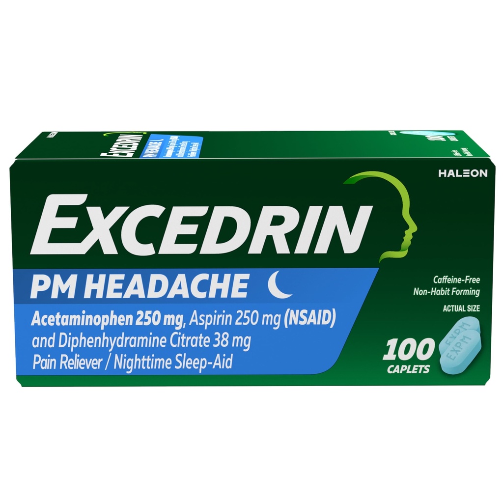 Excedrin PM for Headache Relief, Acetaminophen 250mg, Aspirin 250mg, Diphenhydramine Citrate 38mg, Pain Reliever, Nighttime Sleep-Aid, 100 Count