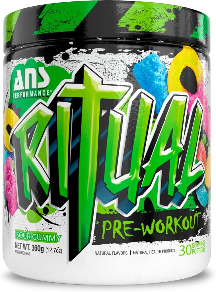 ANS Performance Ritual Pre Workout (30 Servings, 12.7 oz) - Formula completă de pregătire - Energie, Focus, & Putere - Creșterea volumului de putere de ieșire și antrenament - Rezistență și rezistență (Sour Gummy)