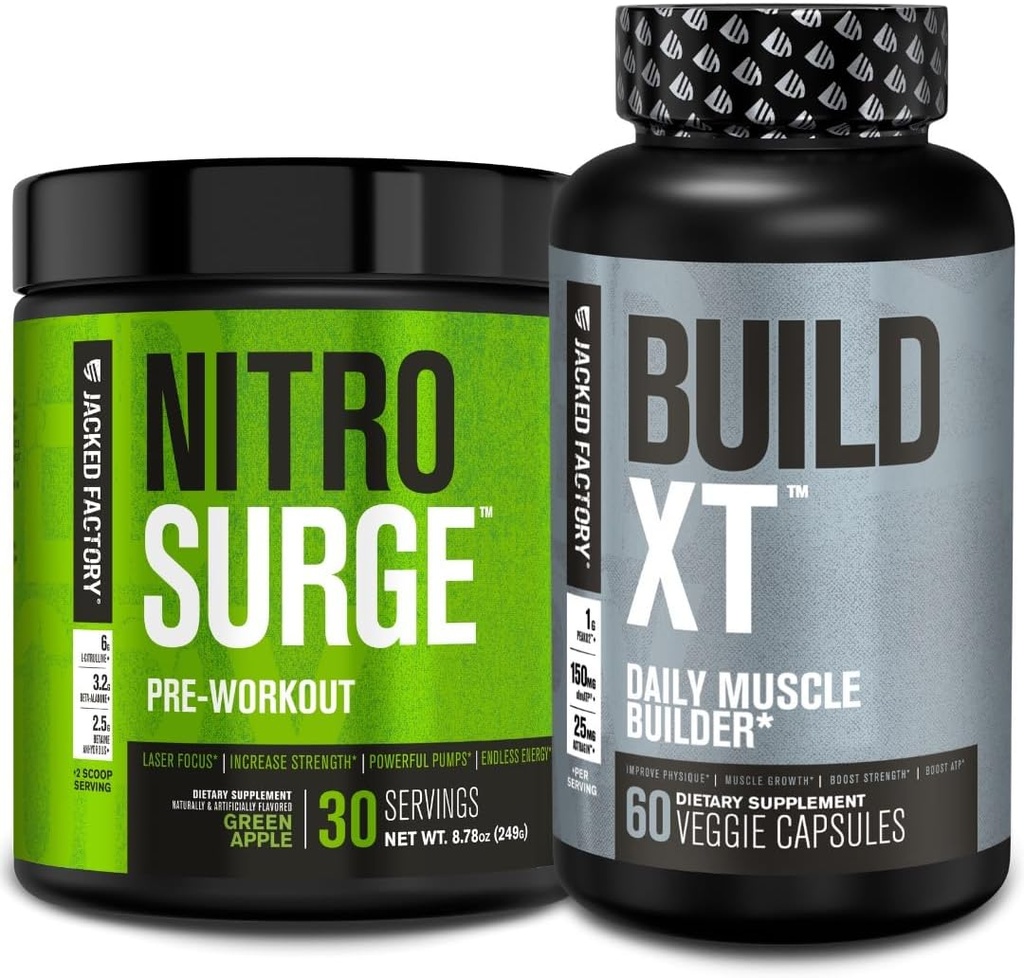 Jacked Factory Nitrosurge Pre-Workout in Green Apple & Build XT Muscle Building Bundle for Men & Women