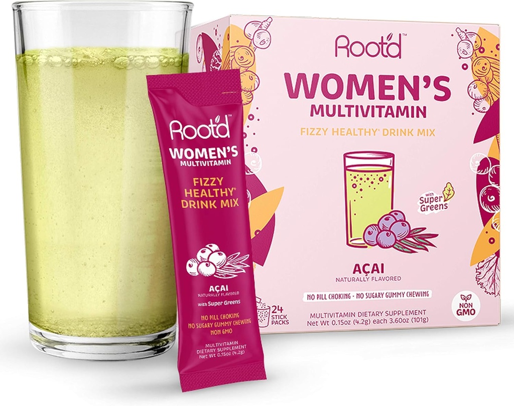 Root'd - Powder Multivitamin per a Dones - amb 25 vitamines i Mines i Minesharta A, C, D, E, B12, B6, K, Iron, Probiòtics, Electrolytes, Organic Super Verd almirall Natural Acai 24 Evecent Sticks