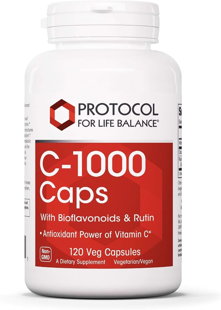 Protocol for Life Balance - C- 1000 Caps with Bioflavonoids and Rutin - Antioksidantas Power of Vitaminum C, Palaiko sveiką imuninę sistemą funkcija, užtikrina ląstelių apsaugą - 120 Veg Capsules