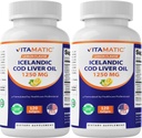 Vitamatic 2 Pack Icelandic Cod Liver Oil Capsules 1250mg 120 Softgels (Lemon Flavor) - Promotes Cardiovascular Health
