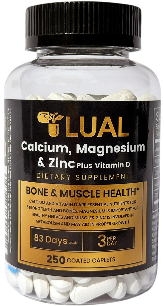 LUAL Calcium Magnesium Zinc with Vitamin D – Bone & Muscle Support Supplement for Adults, 250 Coated Caplets, 83 Day Supply