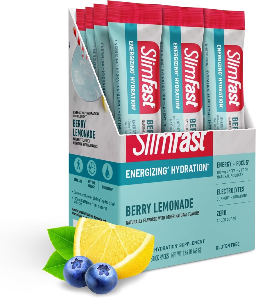 SlimFast Hydration Packets, Electrolitos de ayuno intermitente, Packets de mezcla de bebidas, Polvo de ayuno intermitente, mezcla de bebidas de polvo de energía, cafeína, electrolitos para hidratación, limonada de baya (12 conteo)