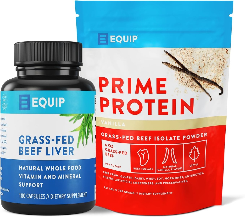 Equip Foods Grass- Fed hovězí jaterní kapsle & Prime Protein Powder Vanilla