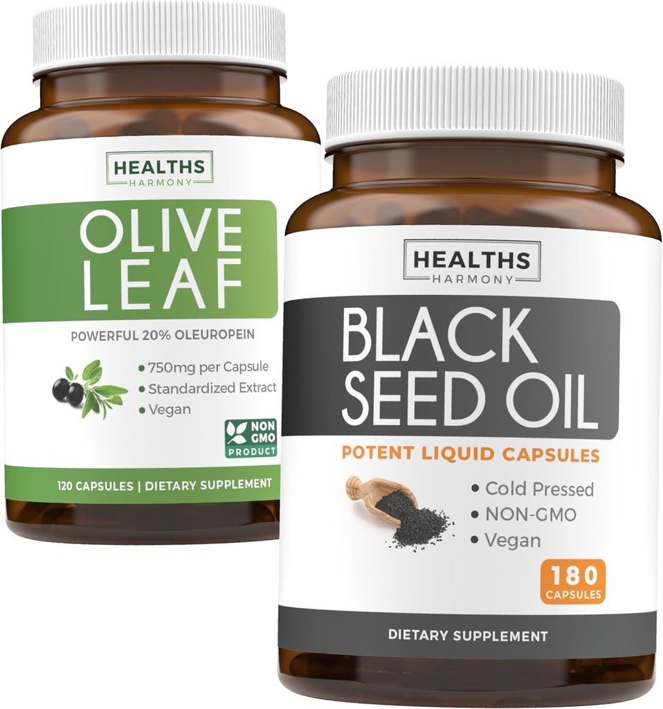 Olive Leaf & Black Seed Oil (3-Meth Supply) Leaf & Seed Bundle of Olive Leaf Extract (120 Capsules) Super Strength and Black Seed Oil (180 Capsules) Cold pressed Nigella Sativa Cumin Seed